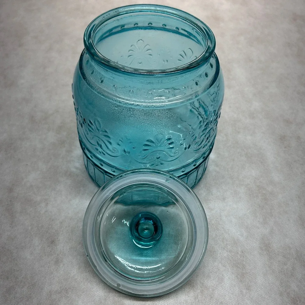 Pioneer Woman Jar Aqua Blue Embossed Glass Canister Kitchen Decor 53‎ oz.